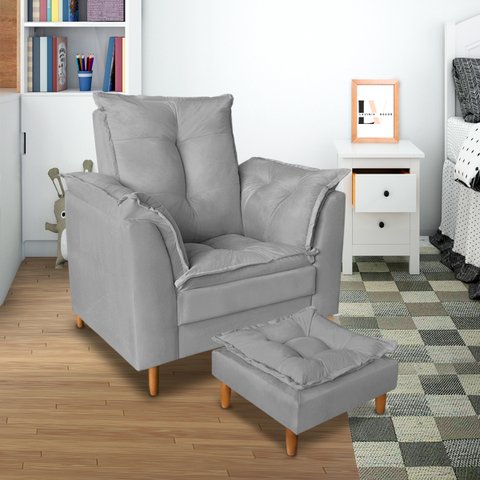 Poltrona Confortável para Amamentação com Puff Fibras Macias Cinza Claro