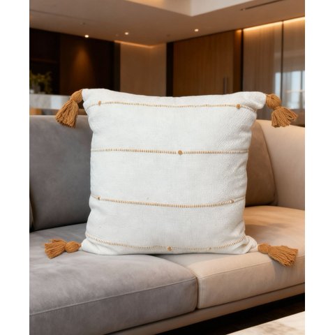 Capa de Almofada Rústica em Algodão 4 Listras com Pompom Mostarda/cru