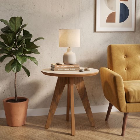 Mesa de Canto MDF Retrô Redonda Dalla Costa 50 cm Cor:Freijo/ Off White
