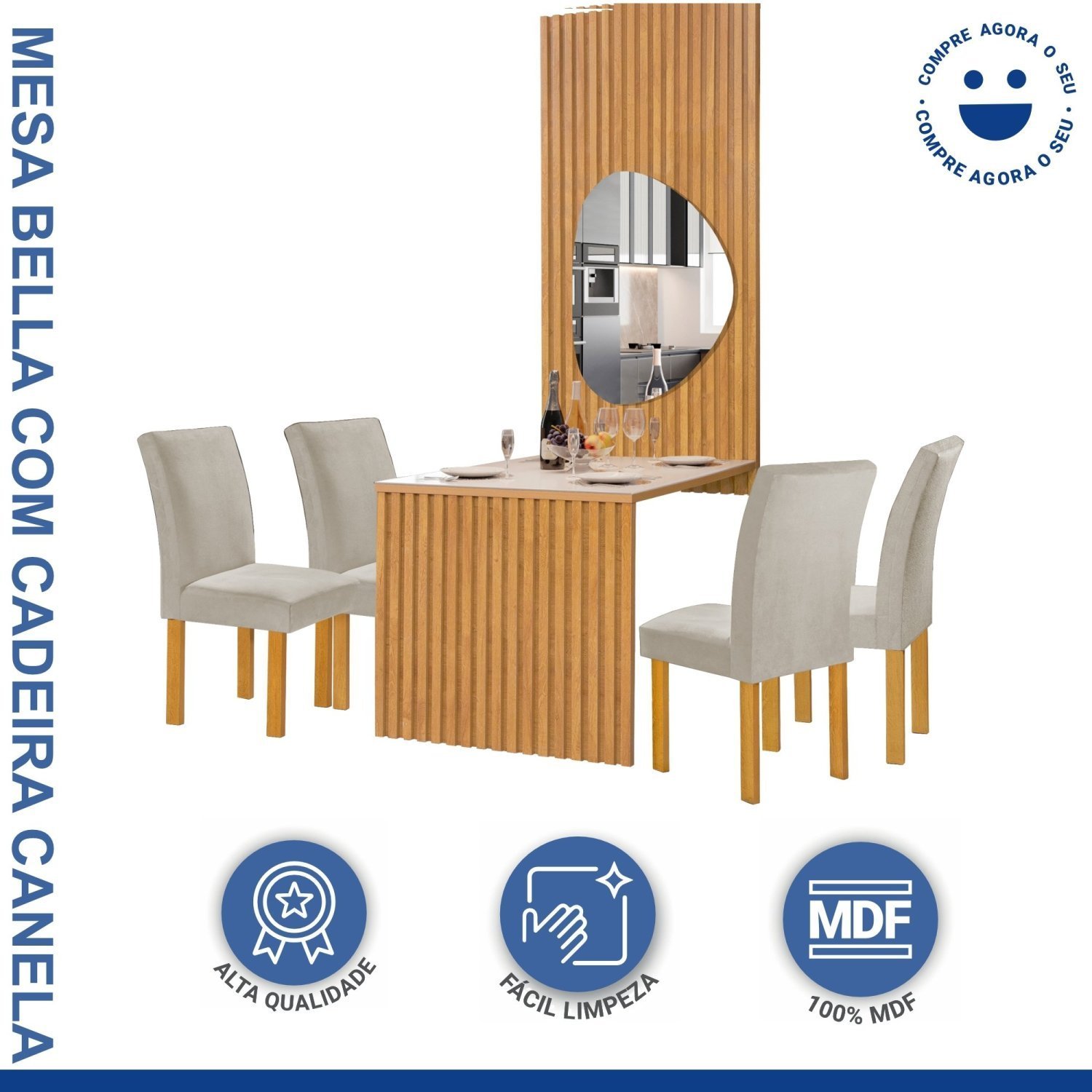 Conjunto Mesa Bella Ripada 120cm com Painel Espelhado Tampo Bella com Vidro 4 Cadeiras Canela - 2