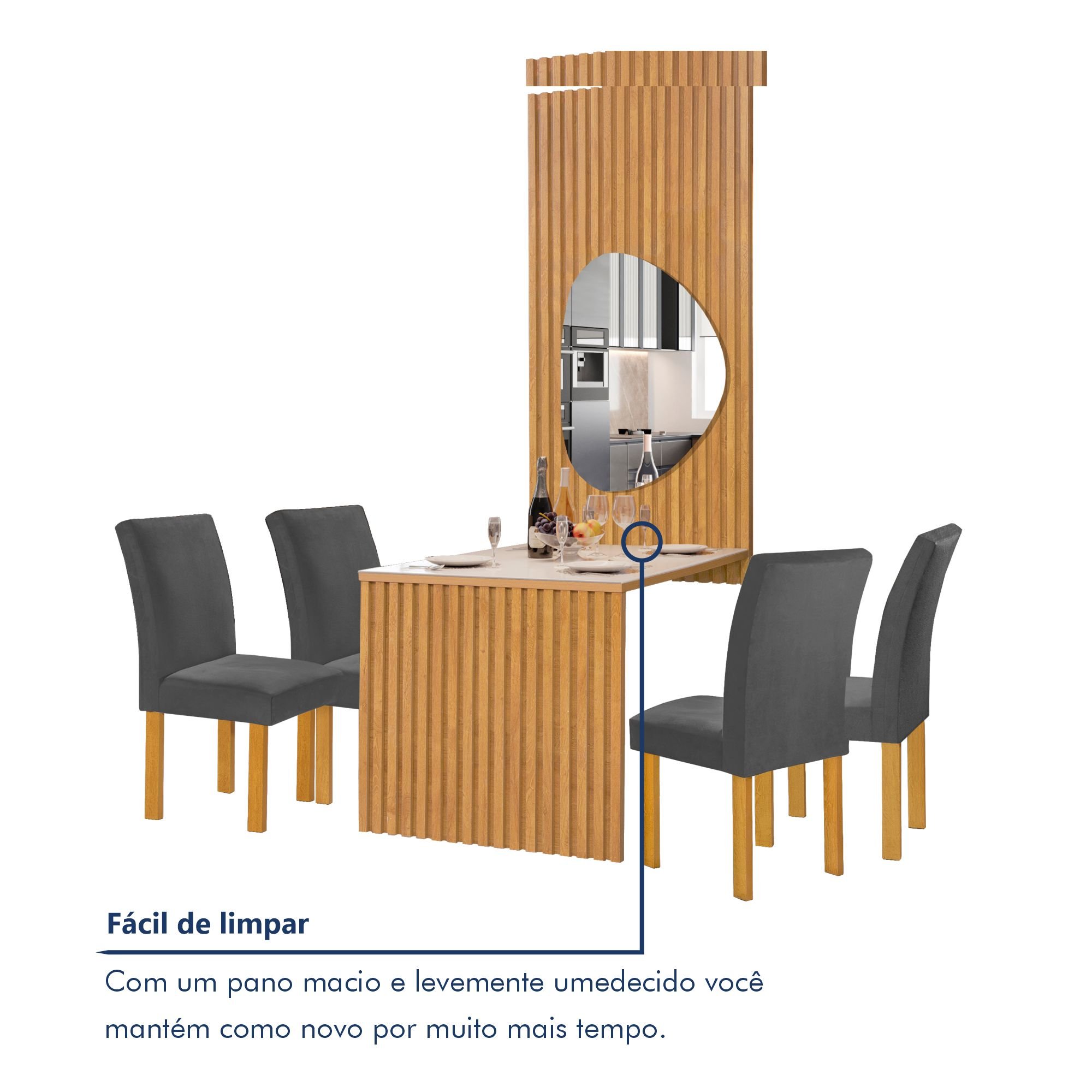 Conjunto Mesa Bella Ripada 120cm com Painel Espelhado Tampo Bella com Vidro 4 Cadeiras Canela - 8