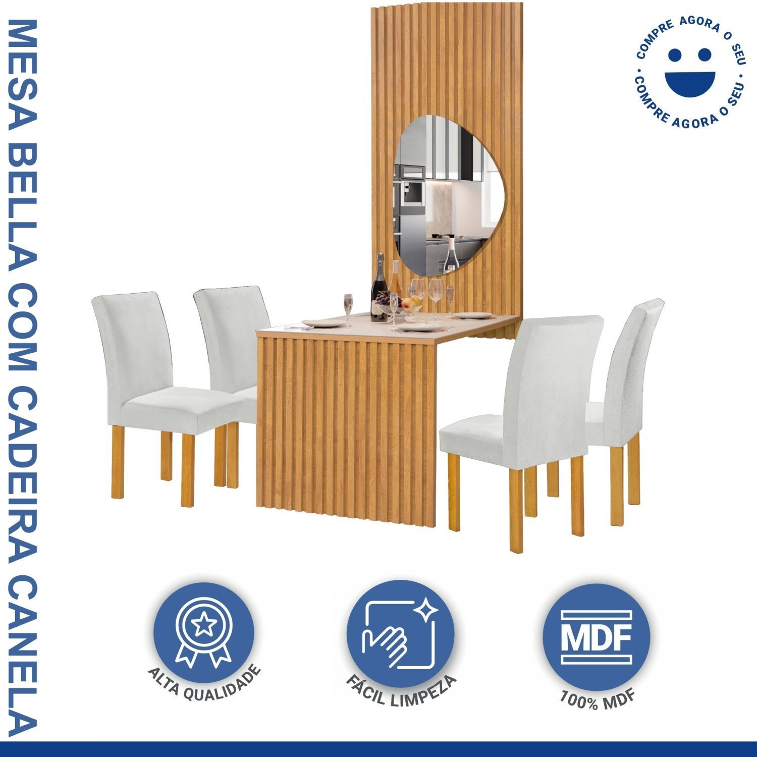 Conjunto Mesa Bella Ripada 120cm com Painel Espelhado Tampo Bella com Vidro 4 Cadeiras Canela - 2