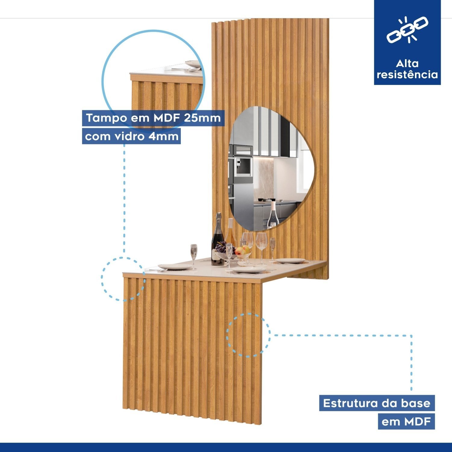 Conjunto Mesa Bella Ripada 120cm com Painel Espelhado Tampo Bella com Vidro 4 Cadeiras Canela - 3