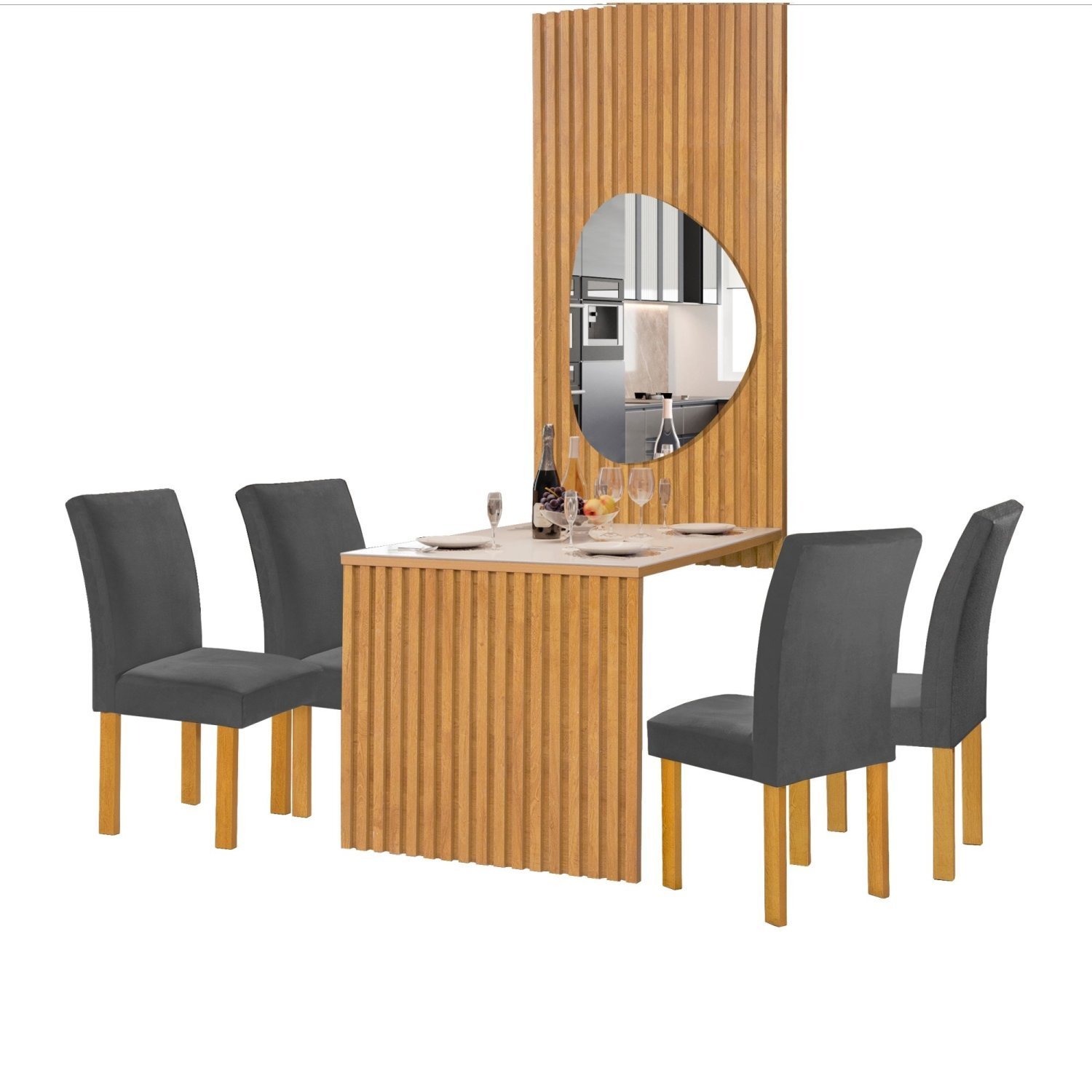 Conjunto Mesa Bella Ripada 120cm com Painel Espelhado Tampo Bella com Vidro 4 Cadeiras Canela - 15