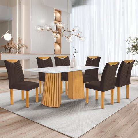 Conjunto Mesa Stella Ripada 170cm com 6 Cadeiras Stella Tampo Smart Plus com Vidro
