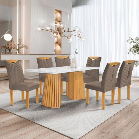 Conjunto Sala de Jantar Mesa 6 Cadeiras Vidro Ripado Stella Cinamomo/Off White/Veludo Bege Escuro