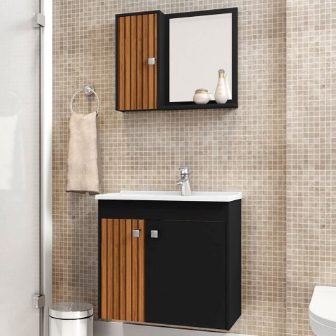 Armário de Banheiro 3 Portas com Cuba Munique Preto Fosco/Ripado - Móveis Bechara