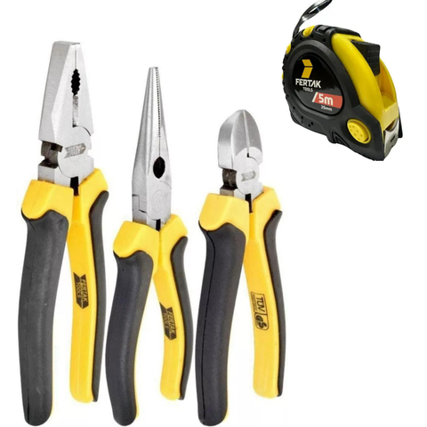 Kit 4 Ferramentas-1 Alicate Universal 8"+1 de Corte Diagonal 6"+1 de Bico Meia Cana 6"+1 Trena 5 Met