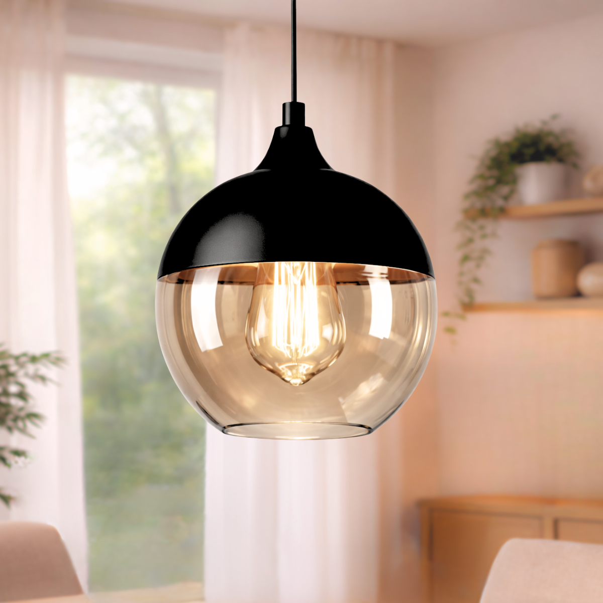Lustre Pendente 24cm Globo Vidro Âmbar Metal Preto Luminária Teto Gimpo Kjdde-260