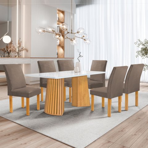 Conjunto Sala de Jantar Mesa 6 Cadeiras Vidro Ripado Stella Cinamomo/Off White/Veludo Bege Escuro