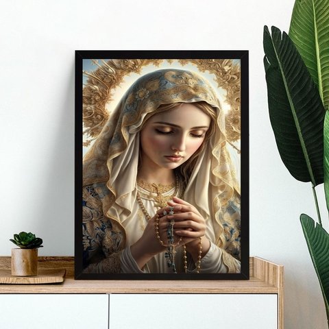 Quadro Nossa Senhora Rezando Terço 45x34cm - com Vidro:moldura Preta