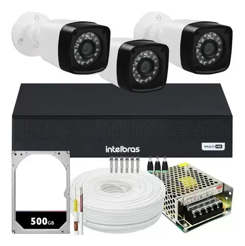 Kit 3 Cameras Hd 720p Ir 20 Mts Hc 1120b Intelbras, Dvr 4 Canais 500gb Intelbras, Cabo, Fonte e Cone