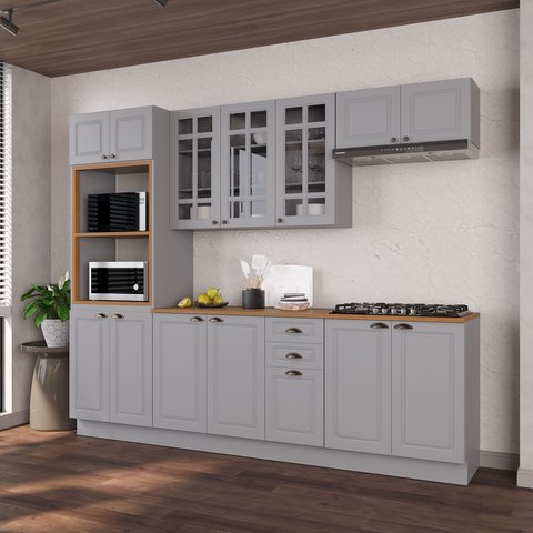 Cozinha Modulada 5 Peças Torre Quente 2 Balcões com Tampo 2 Aéreos 100% MDF com Vidro e Rodapé Bari Cinza/Titanio Fosco