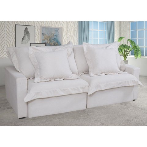 Sofá Cama Niágara 4 Lugares Retrátil e Reclinável 200cm Boucle com Molas Branco Off