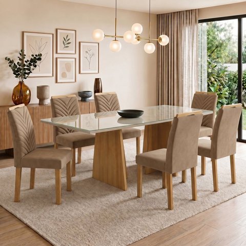 Conjunto Sala de Jantar 6 Lugares Retangular Tampo Vidro MDF 160x80cm Mesa Lyra e Cadeiras Carol