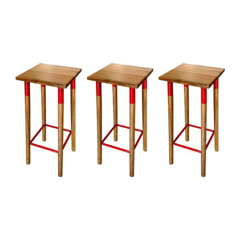 Kit 3 Banquetas Bistro Industrial Colors Ferro e Madeira Maciça - Vermelha Vermelho