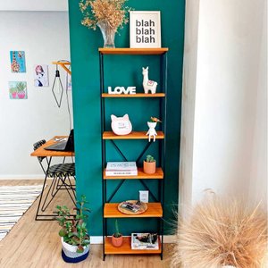 Estante Torre Industrial de Ferro Slim 6 Prateleiras Carvalho e Preto