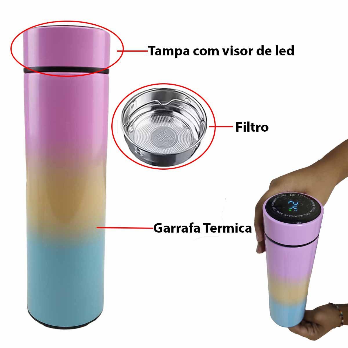 Garrafa Termica Sensor Temperatura Visor Led Kit 2 Uni Squeeze Motivacional Medidor Frases Aço Inox  - 11