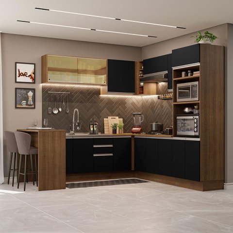 Armário de Cozinha Completa de Canto 504cm Rustic/Preto Glamy Madesa 01