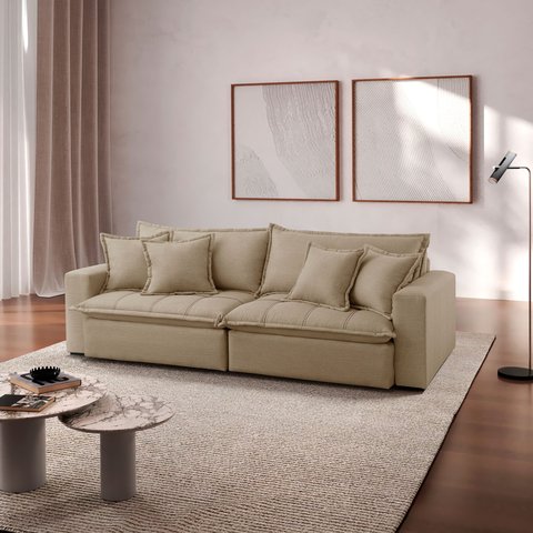 Sofá Cama Jupiter 3 Lugares Retrátil Reclinável 2,30m Linho com Molas Ensacadas Bege