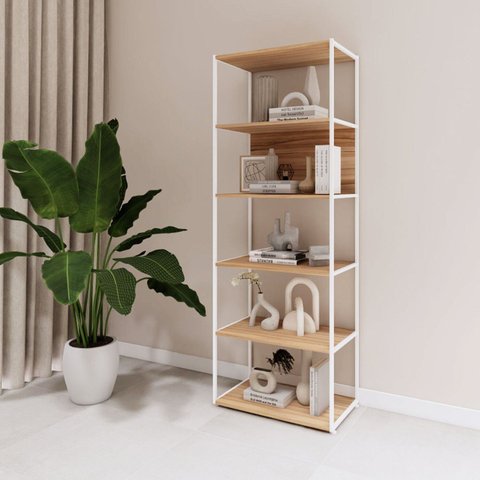 Estante de Livros Industrial 63CMX173CM Metal 5 Prateleiras e Decoração Executive Marrom/Macadâmia/Branco