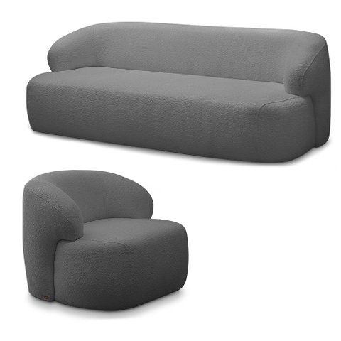 Conjunto Sala de Estar Decorativo Charlote 1 Sofá 180cm 2 Lugares 1 Poltrona Base Fixa com Puff Bouc
