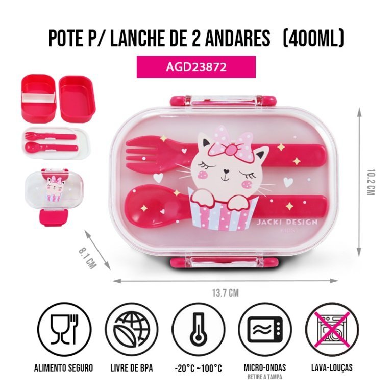 Pote P/ Lanche de 2 Andares Infantil 400ml Jacki Design - Pimpolho:pink - 4