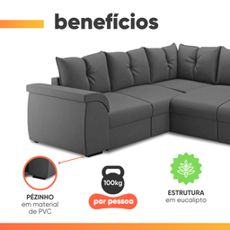 Sofá de Canto 5 Lugares Retrátil Qatar Suede Cinza - 4