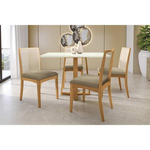 Mesa Cozinha Elma Premium Madeira Maciça C/ Tampo Madeirado C/ Vidro 120x80cm e 4 Cadeiras Lara
