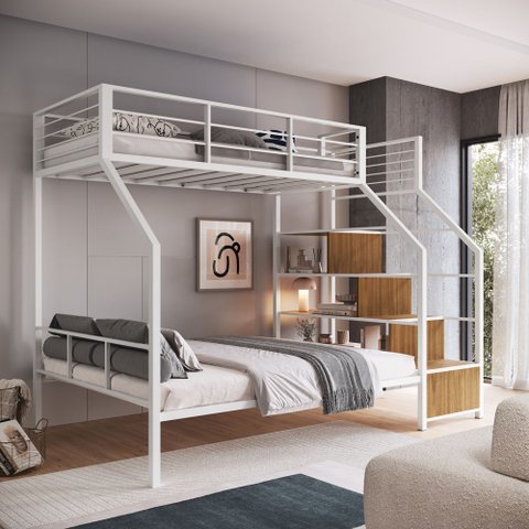 Beliche Casal/ Solteiro com Escada na Lateral Preto Stuart:branco