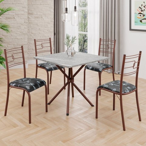 Conjunto Sala de Jantar Mesa Quadrada 70x70cm Tampo Granito Topázio 4 Cadeiras Paraty Marrom/Preto Floral