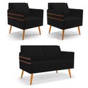 Ver imagem 1 de Kit 01 Namoradeira 02 Lugares e 02 Poltronas Mari Linho Preto A79 Pés Palito Castanho - D’Rossios