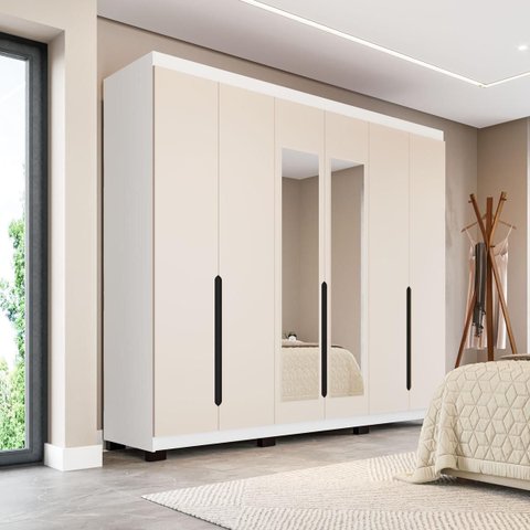 Roupeiro Casal Madri 6 Portas com Espelho 242x214cm Creme/Branco 250829