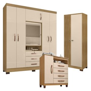 Guarda Roupa Casal Imperial e Cômoda Sapateira Cannes com Armário Multiuso Versatile Carvalho Americ