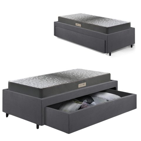 Base Box Cama Solteiro Sapateira Suede Cinza e Colchão Dual Firm Ecoflex 88x188