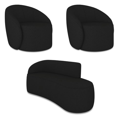 Sofá 2 Lugares Orgânico 140cm Morgan e 2 Poltronas Lua Linho Preto D03 - D’Rossi