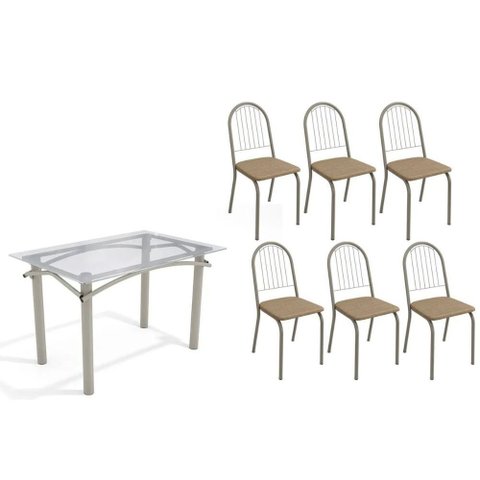 Conjunto: Mesa de Cozinha Elba C/ Tampo de Vidro 120cm e 6 Cadeiras Noruega Niquel - Courano