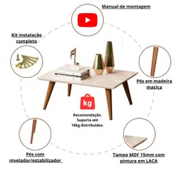Mesa de Centro Retangular Off White para Sala de Estar em Mdf - 4