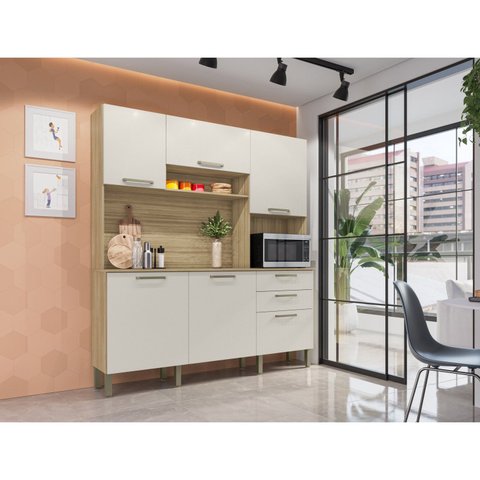 Armário de Cozinha 6 Portas 2 Gavetas Ferrara Bege/Freijó/Soft