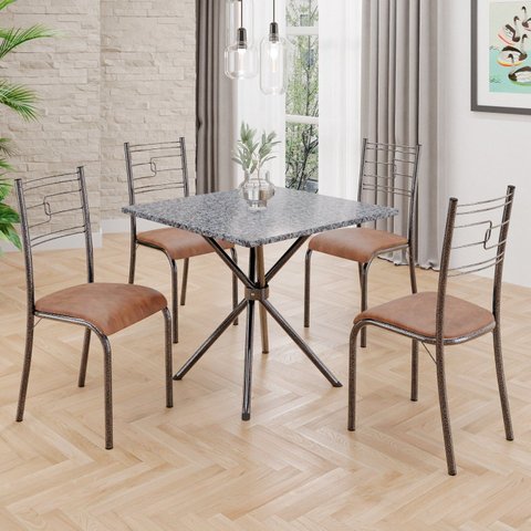 Conjunto Sala de Jantar Mesa Quadrada 75x75cm Tampo Granito Ocre 4 Cadeiras Paraty Prata/Courino Marrom/Mart