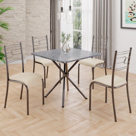 Conjunto Sala de Jantar Mesa Quadrada 75x75cm Tampo Granito Ocre 4 Cadeiras Paraty Prata/Creme/Mart