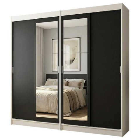 Conjunto 2 Guarda-Roupas 4 Portas de Correr com 2 Espelhos Branco/Preto Tokio Madesa