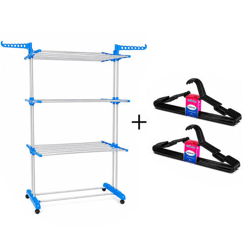 Varal de Chão 3 Andares Retrátil Dobrável com 10 Cabides Branco/Azul