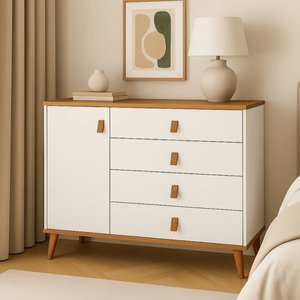 Cômoda Decor Infantil Juvenil Quarto 4 Gavetas 1 Porta Retrô Pés Madeira:branco/cedro