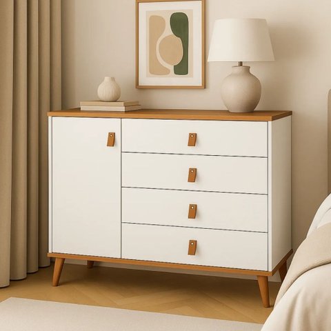 Cômoda Decor Infantil Juvenil Quarto 4 Gavetas 1 Porta Retrô Pés Madeira:branco/cedro