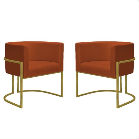 Kit 2 Poltronas Reforçadas Decorativa Sala Nayara Base Ferro Dourado Suede Terracota