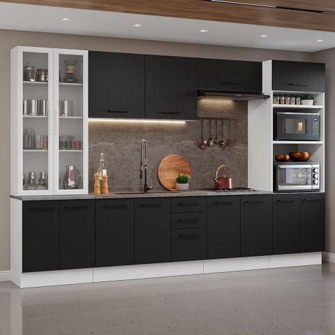 Armário de Cozinha Completa 340cm Branco/preto Agata Madesa 01 Branco/preto