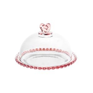 Queijeira Lyor Coração de Cristal Borda Rosa 19,5 x 13cm