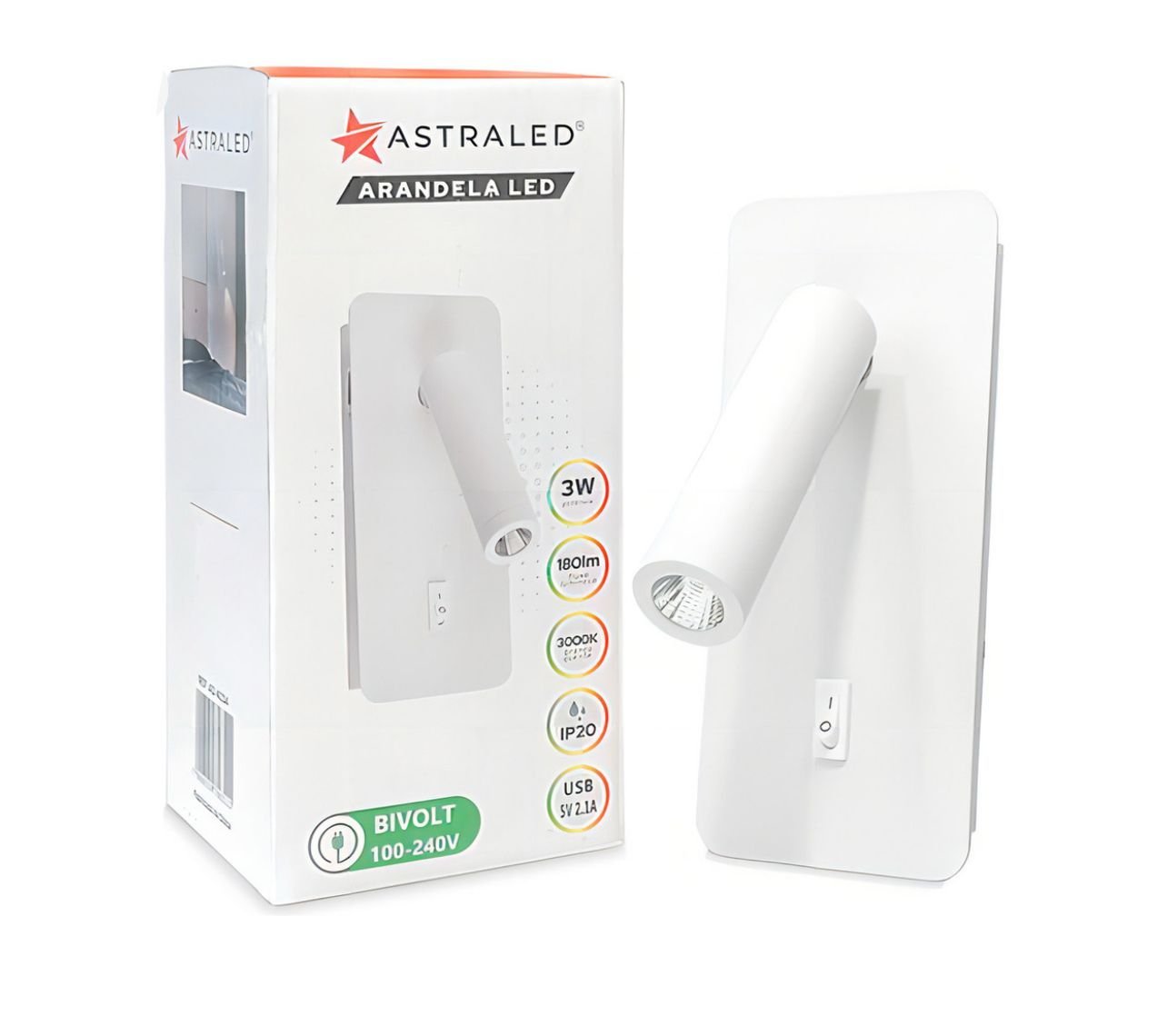 Arandela Led 3w Arcavi Usb Leitura Make Interruptor Branca Bivolt - 3