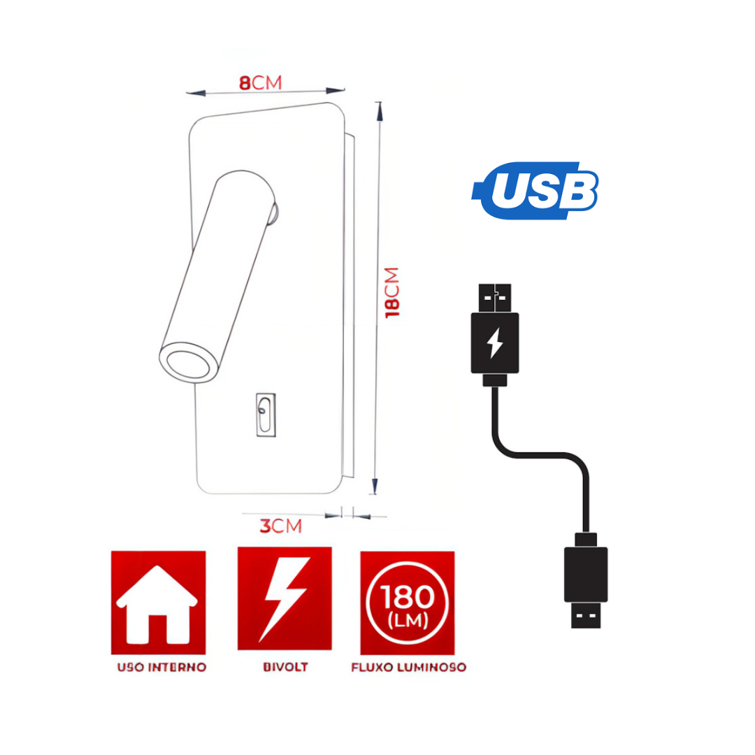 Arandela Led 3w Arcavi Usb Leitura Make Interruptor Branca Bivolt - 4